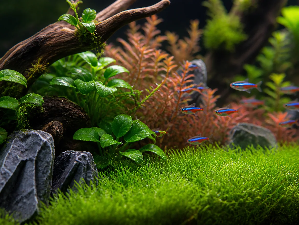 Lush planted freshwater aquarium with dwarf hairgrass, red rotala and a school of neon tetras