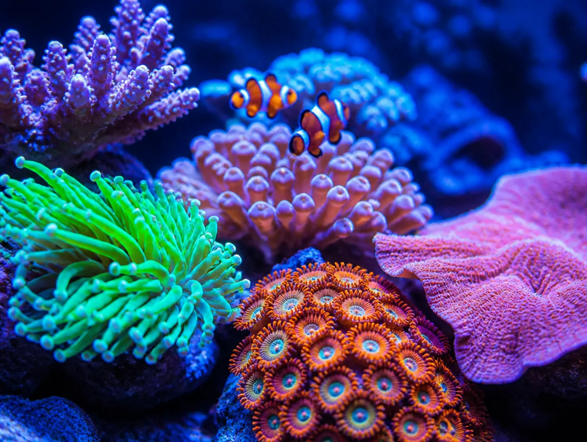 Close-up of a reef aquarium with green torch coral, orange zoanthids and a pair of clownfish