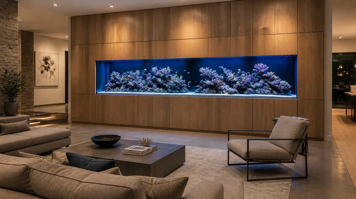 A wide custom reef aquarium built flush into oak millwork in a modern living room