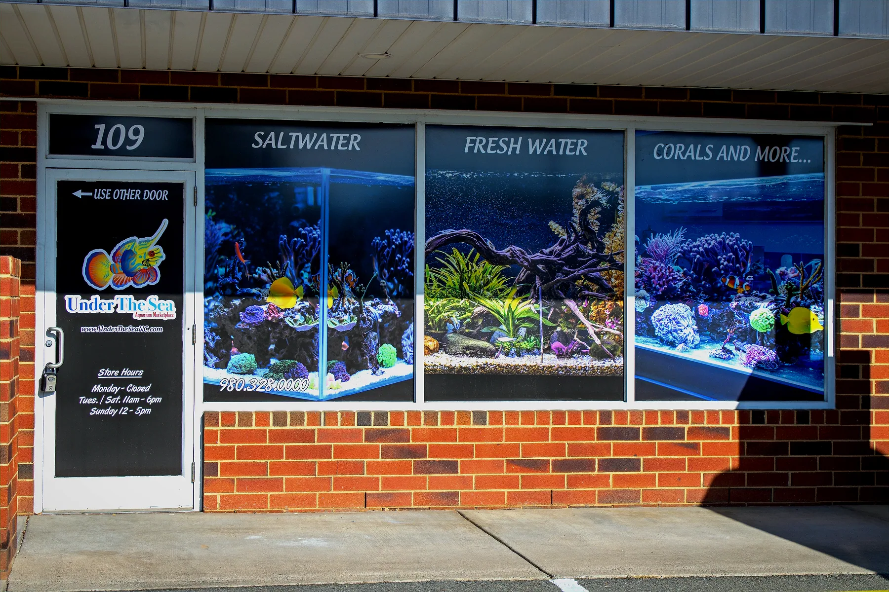 The Under The Sea Aquarium Marketplace storefront on Sardis Church Road in Monroe, North Carolina
